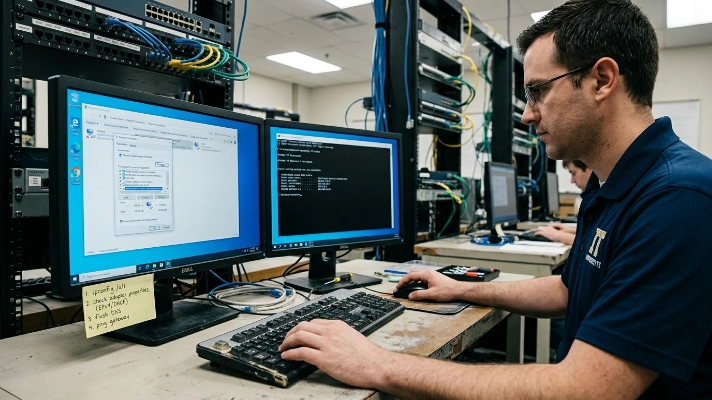 A technician adjusts network adapter settings and flushes DNS cache in a DNS server not responding Windows 11 fix scenario