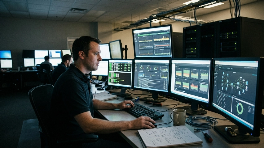 A network engineer monitors DNS systems in a control center during a DNS server not responding Windows 11 fix investigation