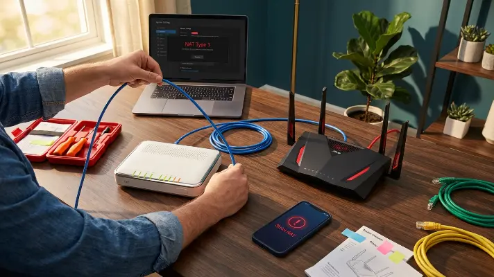 A technician traces vibrant blue ethernet cable between white ISP modem and black gaming router creating double NAT while laptop displays red NAT Type 3 strict warning.