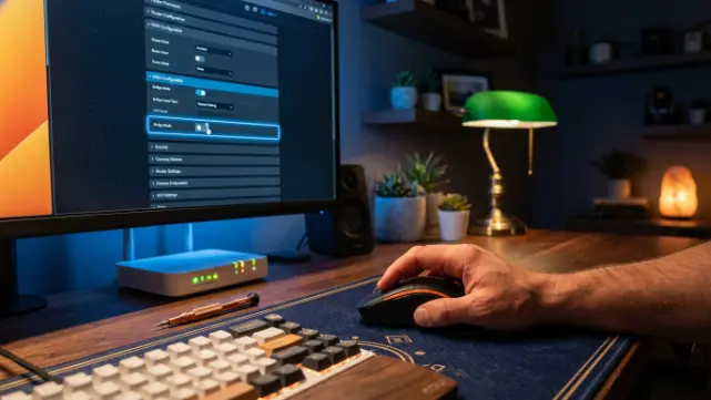 A technician's finger hovers over premium mouse ready to enable bridge mode on stunning curved monitor while ISP modem glows in dramatic blue screen light with amber lamp accent to fix double NAT.