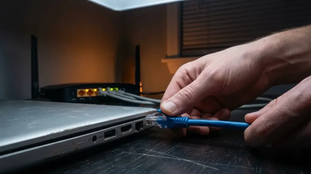 Hands plugging Ethernet cable into laptop RJ-45 port with home router LED lights glowing in background