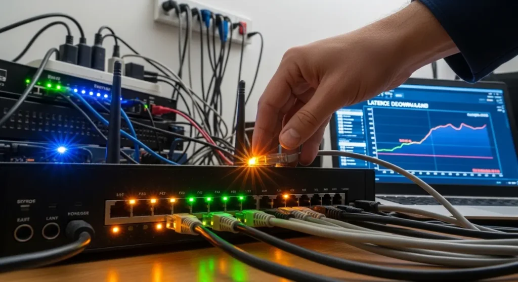 Home router with multiple Ethernet cables connected and all LED indicators blinking showing network congestion and bufferbloat condition