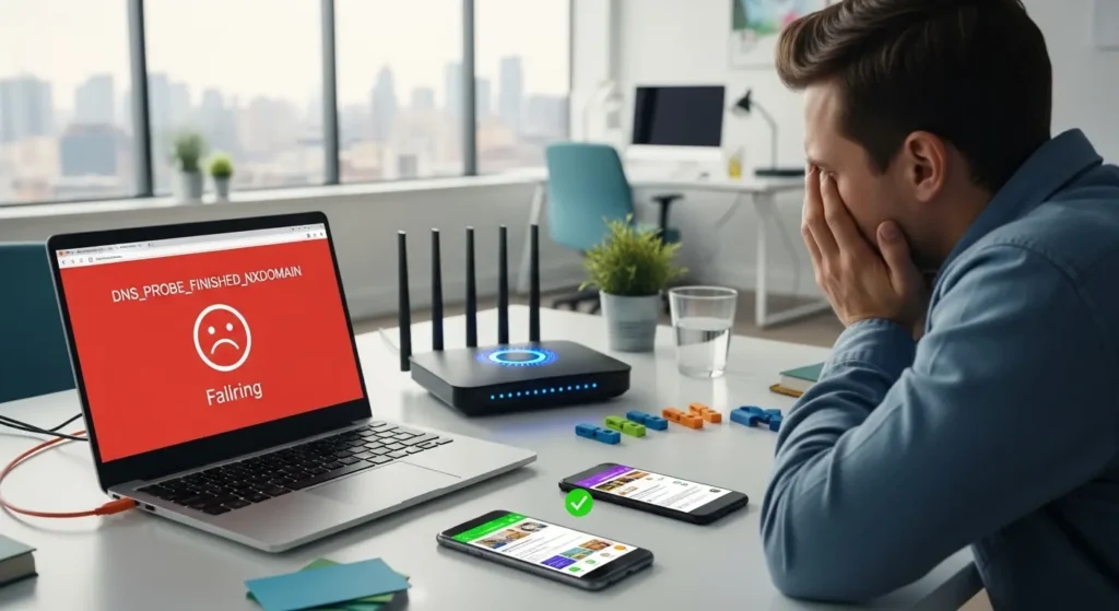 A laptop shows vivid Chrome DNS error while a smartphone beside it loads the same site successfully, illustrating dns server not responding windows 11 fix for one device only scenarios.
