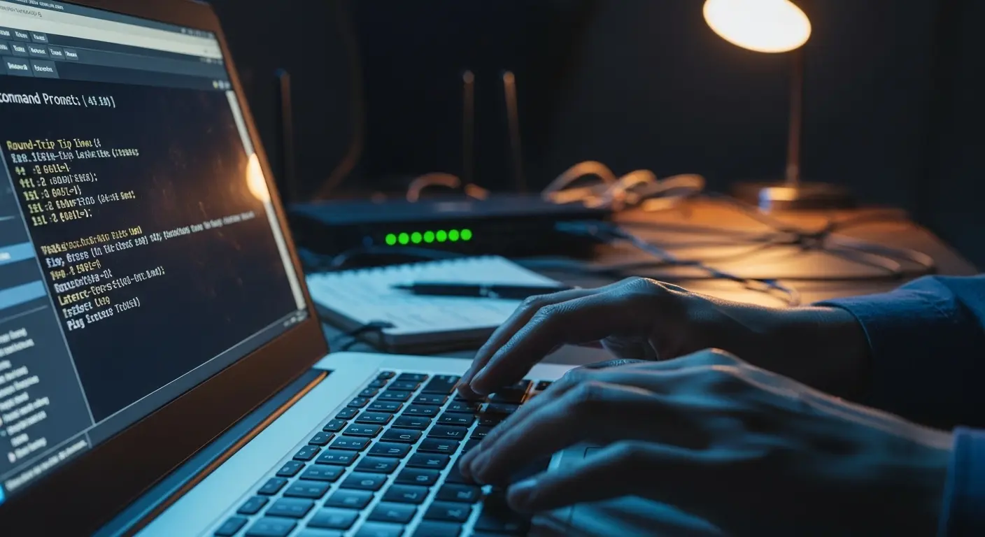 Hands typing ping command on laptop keyboard with Command Prompt displaying latency results in dark home workspace