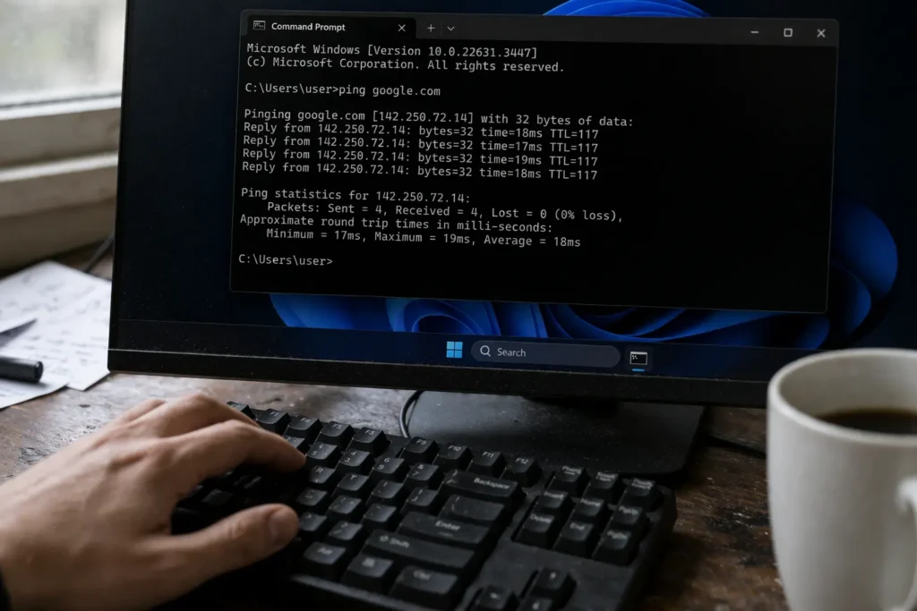 Windows 11 Command Prompt showing ping test results with packet loss statistics to diagnose what is packet loss