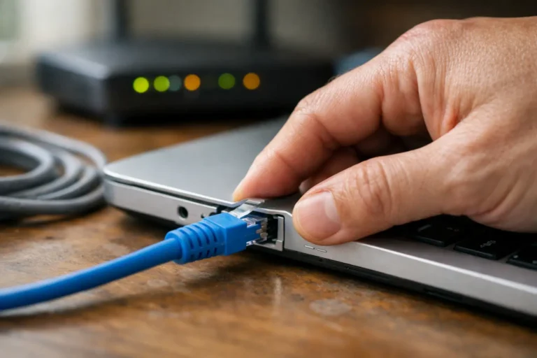 Hand plugging an Ethernet cable into a laptop LAN port to test what is packet loss on a wired connection
