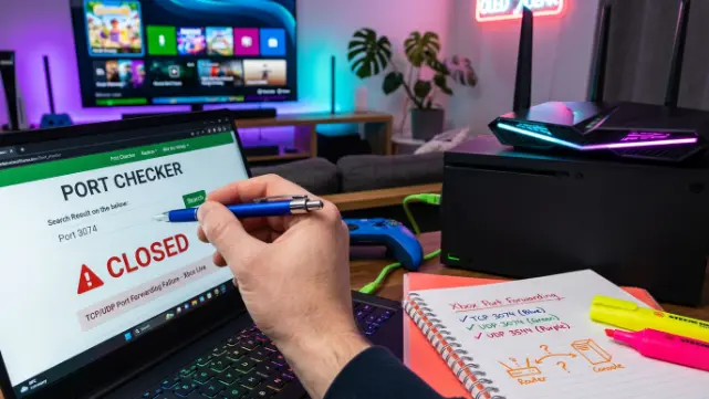 A technician points metallic blue pen at alarming red closed port status on laptop while Xbox with neon green ethernet cable sits in dramatic RGB-lit gaming setup proving port forwarding failure.