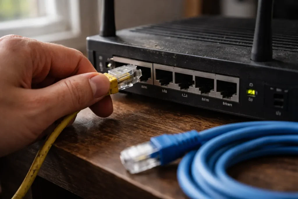 Hand removing a worn Ethernet cable from a router while a new cable waits nearby to fix packet loss issues