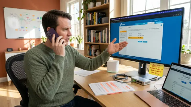 A technician in sage green sweater holds purple smartphone calling ISP while gesturing at monitor showing CGNAT IP in sunlit colorful home office to request public IPv4 and fix strict NAT.