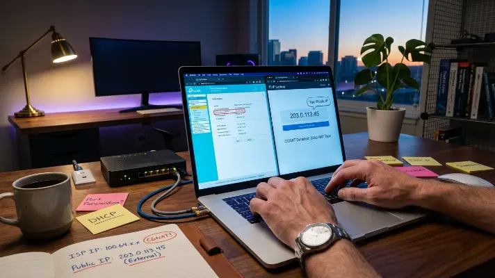A technician compares router WAN IP displaying 100.64.x.x with mismatched public IP on vivid laptop screen during blue hour to diagnose why NAT type is strict and confirm CGNAT.