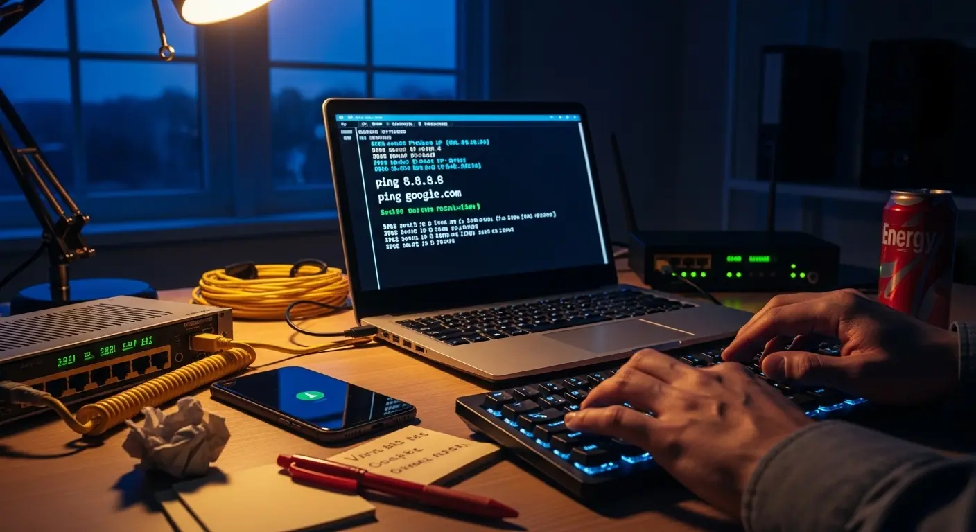 Technician running ping command to diagnose DNS server not responding issue on Windows 11