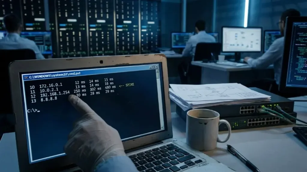 Network technician pointing at traceroute output on laptop showing latency spike at specific hop in network operations center