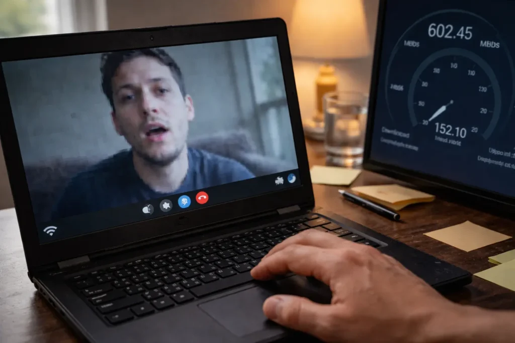 Frozen video call on laptop screen next to a monitor showing fast speed test results illustrating what is packet loss