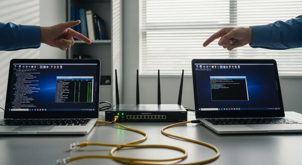 Two laptops on desk comparing WiFi and Ethernet latency with yellow cable connected to router showing ping results