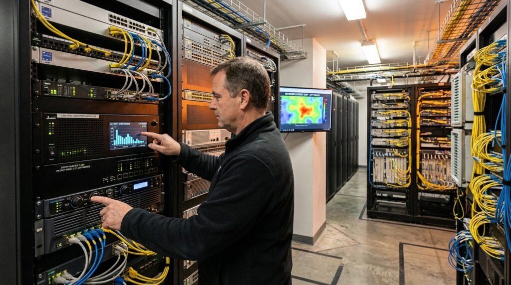 ISP network engineer at an Internet Exchange Point monitors Smart Queue Management (SQM) appliance in a server room, showing traffic shaping metrics with fiber backbone routers and monitoring dashboards displaying network-wide latency optimization.
