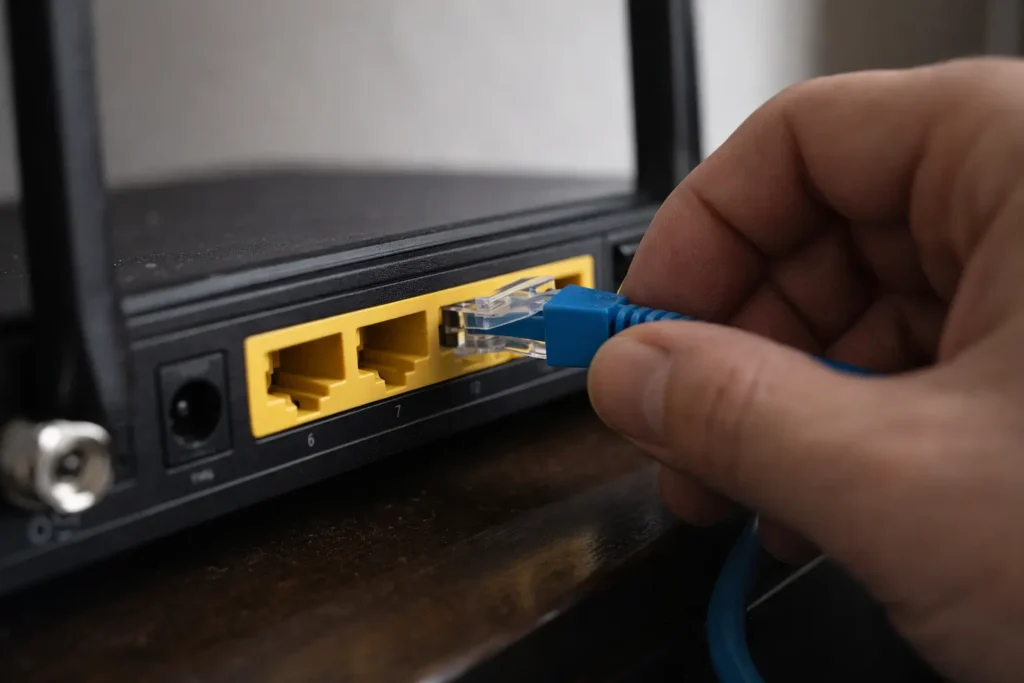 Ethernet cable being unplugged from wireless router LAN port during packet loss troubleshooting