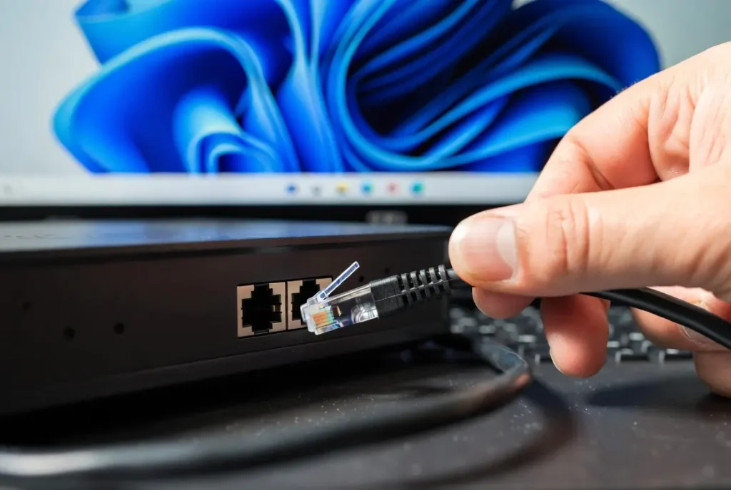 A technician plugs an Ethernet cable into a router to fix high jitter windows 11 by switching from WiFi to wired connection.