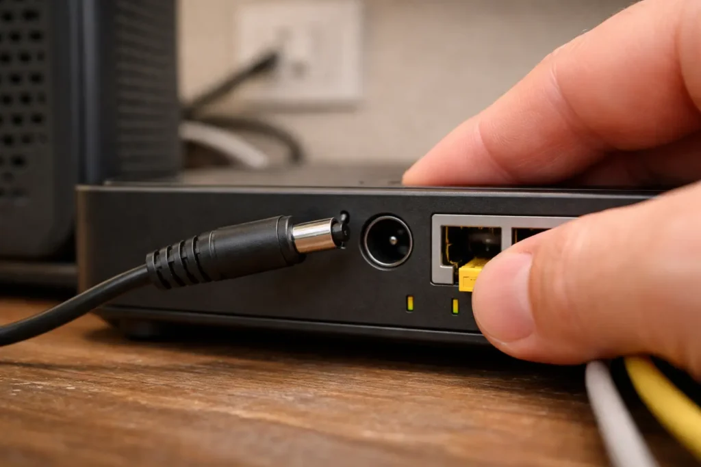 A technician unplugs a router power cable to fix high jitter windows 11 by restarting the network connection.