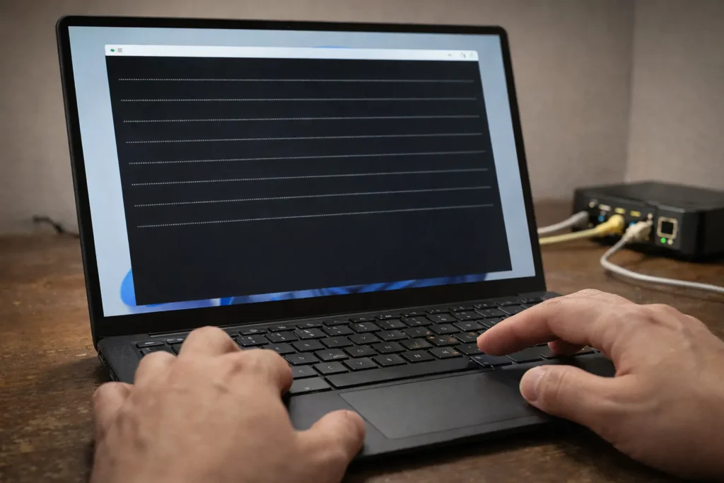 A technician checks a Windows 11 laptop showing stable latency after fixing high jitter windows 11 with a wired connection.
