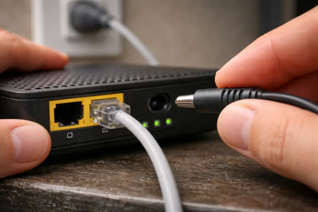 A person unplugs a modem power cable to fix high latency windows 11 by restarting the network connection at home.