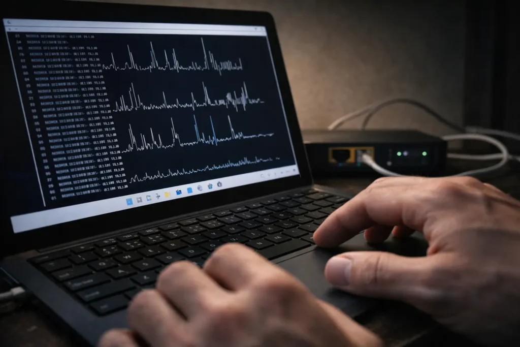A person monitors a Windows 11 laptop showing unstable latency patterns to fix high latency windows 11 using a ping test.