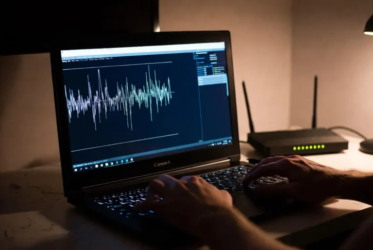 A technician monitors a Windows 11 laptop running a ping test to detect and fix high jitter windows 11 in a home setup.