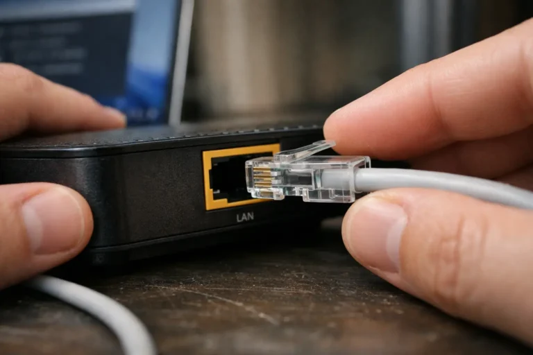 A person connects an Ethernet cable to a router to fix high latency windows 11 by switching to a wired connection.