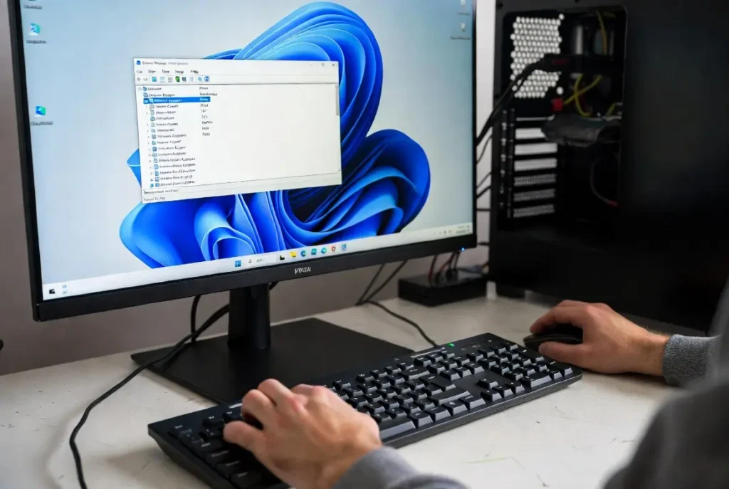 A technician reinstalls a NIC driver on a Windows 11 PC to show how to fix packet loss windows 11 at hardware level.