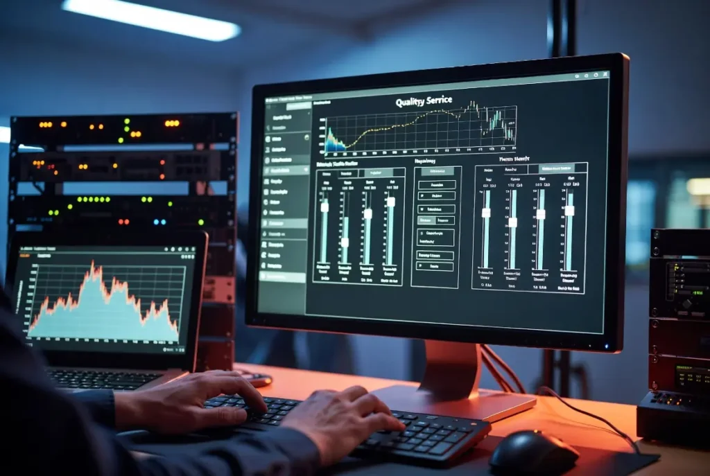 A technician tunes QoS and tests latency to show how to fix packet loss windows 11 in a larger network setting.