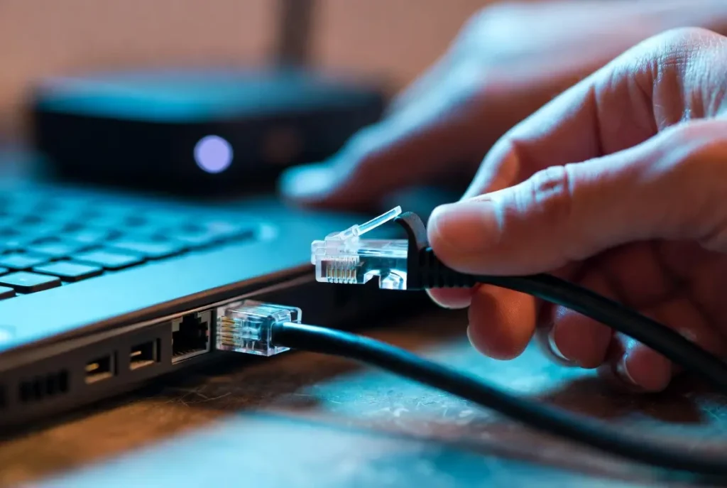 A technician plugs a Cat6 cable into a Windows 11 laptop to show how to fix packet loss windows 11 with Ethernet.