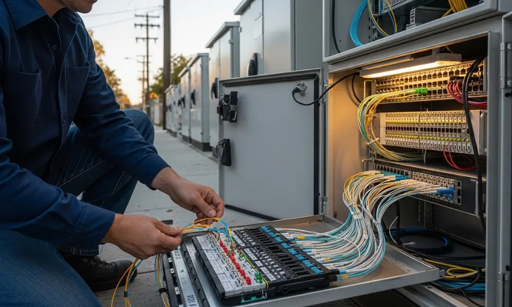 Telecom engineer working inside a city fiber distribution cabinet while investigating connectivity problems.