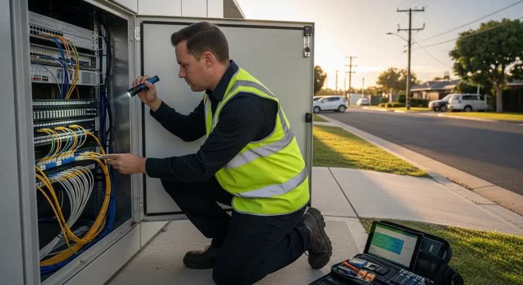 ISP field technician inspecting fiber distribution cabinet at street level where DNS resolver infrastructure originates