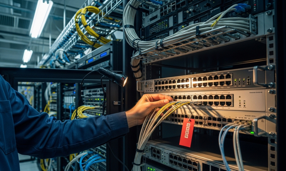 Technician reconnecting an Ethernet uplink cable in an ISP routing switch cabinet.