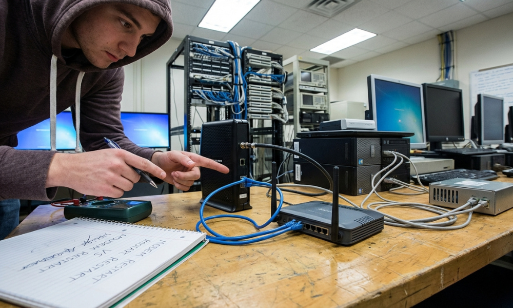 Networking student examining a modem and router connected together on a lab desk.