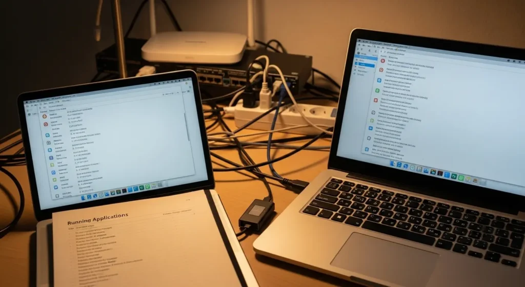Person analyzing multiple applications consuming internet bandwidth on a laptop.