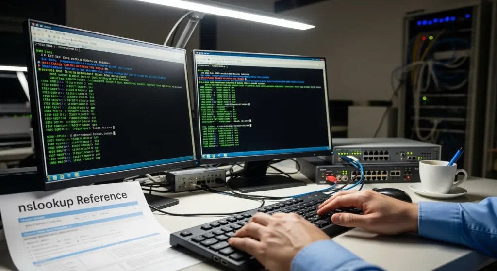 Technician running nslookup DNS comparison test between ISP DNS and Google DNS in Windows 11 terminal