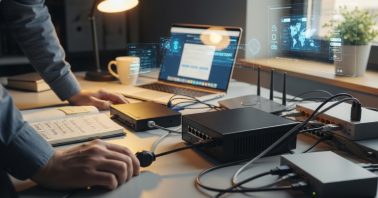 User unplugging a modem power cable while troubleshooting internet problems on a home desk network setup.