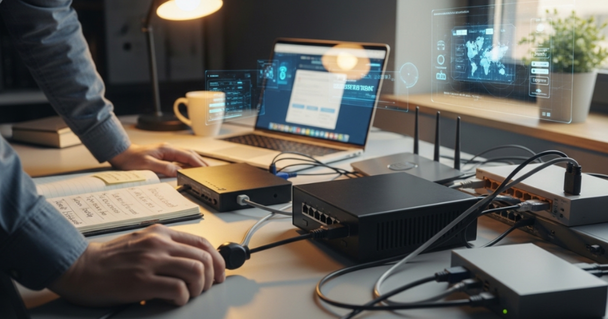 User unplugging a modem power cable while troubleshooting internet problems on a home desk network setup.