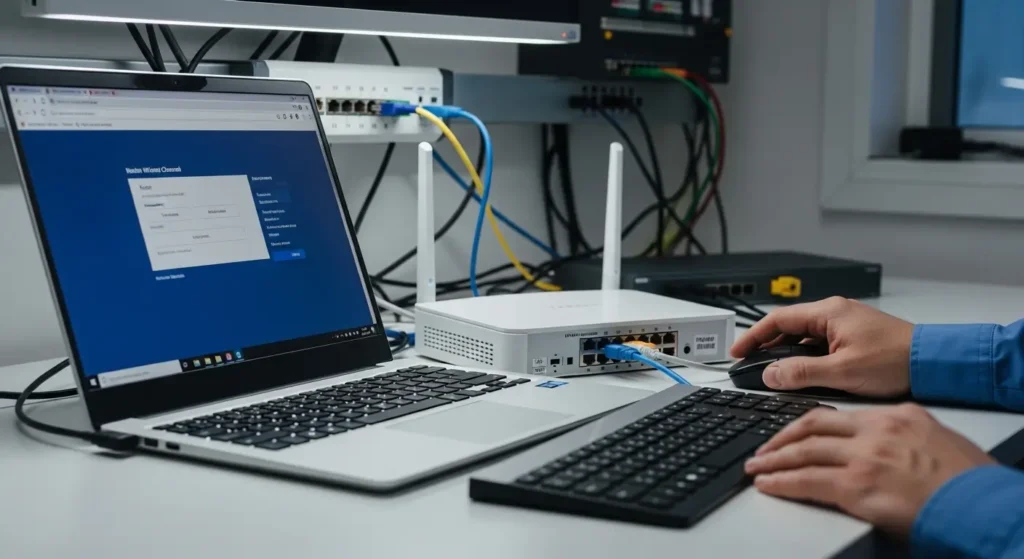 Technician accessing router admin page on a laptop while preparing to change WiFi channel settings.
