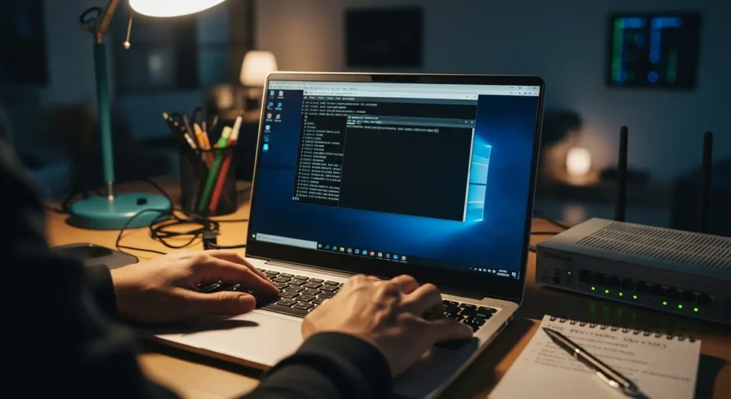 Hands typing ipconfig flushdns command in Windows 11 Command Prompt terminal window on a home desk