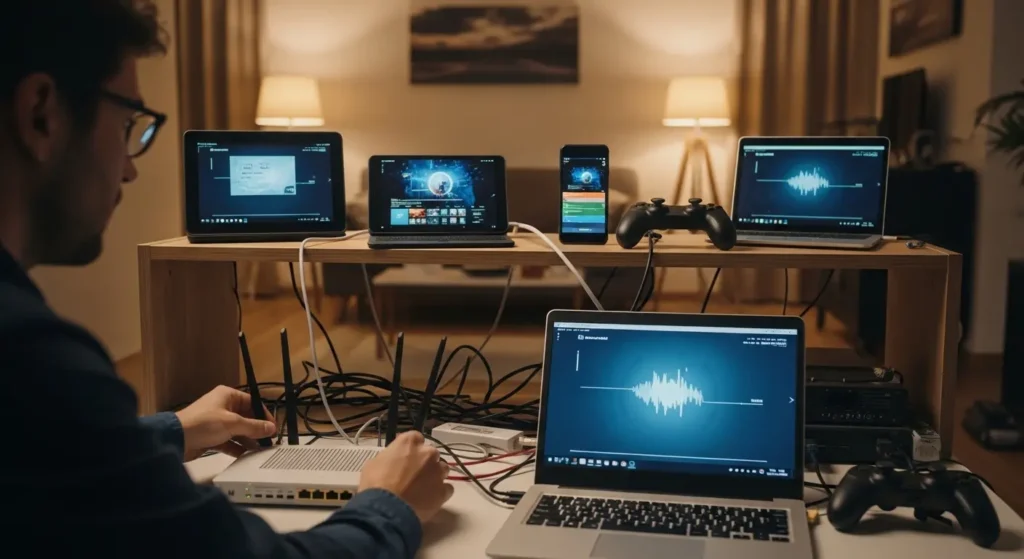 Multiple household devices connected to a router while a person checks network performance.