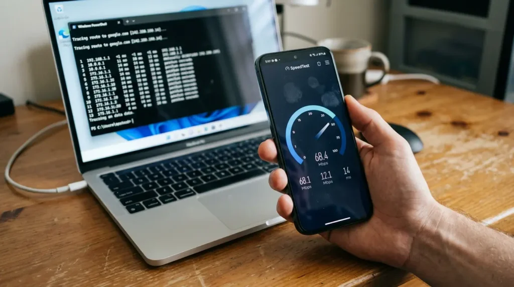 Hand holding smartphone running speed test while laptop displays pathping command testing packet loss