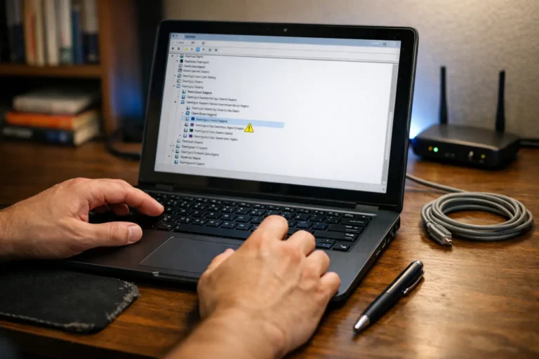 A technician clicks through Device Manager on a dark-screened laptop revealing a yellow warning triangle on the WiFi adapter while diagnosing wifi that keeps disconnecting on Windows 11