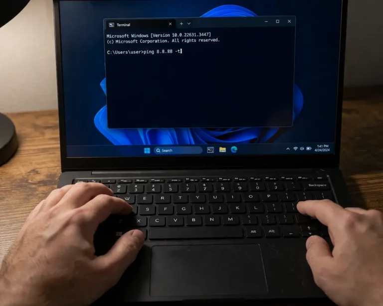 Hands typing ping command into Windows 11 Terminal to test packet loss on laptop keyboard