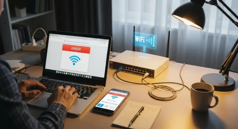 Person at home desk with laptop showing browser error while phone beside it loads the same website on mobile data