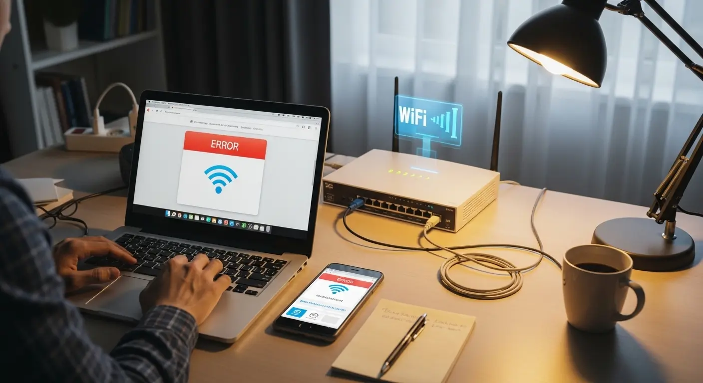 Person at home desk with laptop showing browser error while phone beside it loads the same website on mobile data