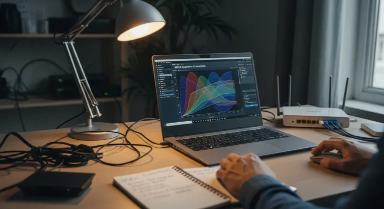 Person analyzing WiFi channel congestion on a Windows 11 laptop using a WiFi analyzer tool beside a home router.