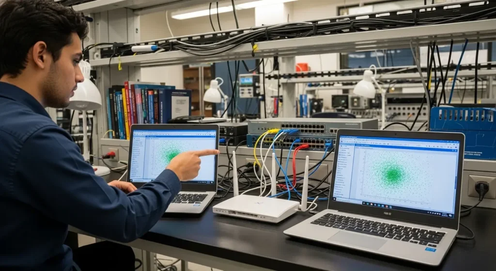 Student comparing WiFi channel scans on two laptops while analyzing interference in a networking lab.