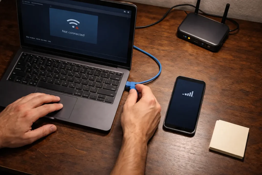 A technician connects an ethernet cable from a router to a laptop showing unstable WiFi while a smartphone displays stable connection to isolate why wifi keeps disconnecting on Windows 11