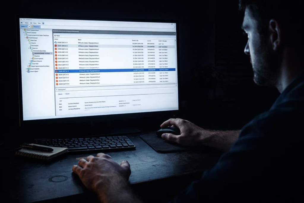 A technician studies red error entries in the WLAN-AutoConfig Operational log inside Windows 11 Event Viewer with the screen glow illuminating their focused expression while diagnosing wifi that keeps disconnecting